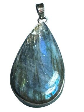 Labradorite Sterling Silver Teardrop Pendant Necklace 925 Stamped Iridescent Blu